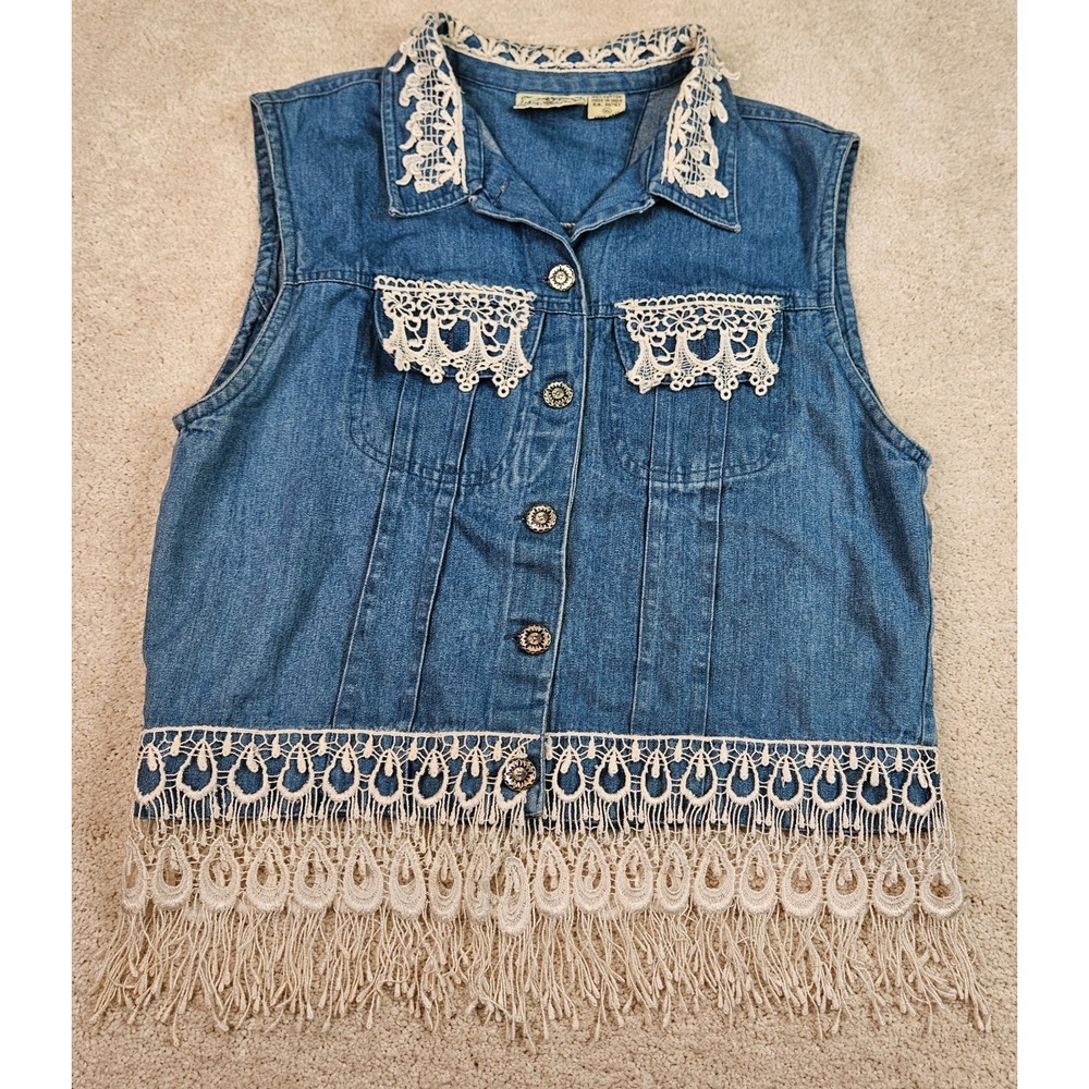 VTG Rosettes Denim Vest Womens XL Crochet Lace Fringe Western Boho Cowgirl Rodeo